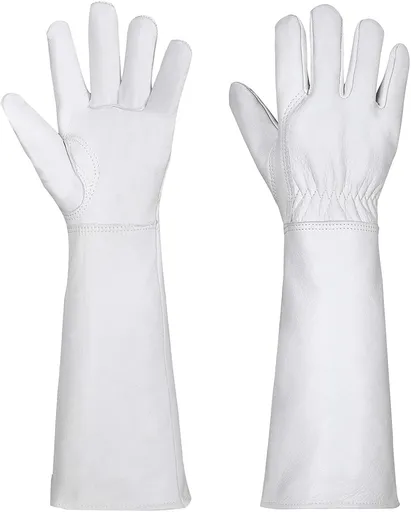 Long-Gardening-Gloves for Women/Men - Thorn Proof Cowhide Leather Rose/Blackberry Pruning Heavy Duty Gloves Thick Palm Gauntlet Garden Work Gloves with Forearm Protection (Brown-Small) M White