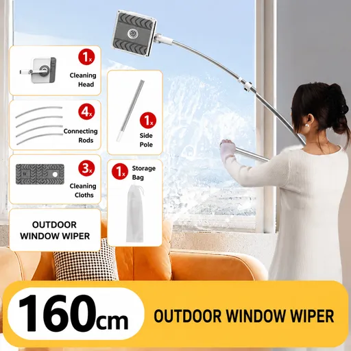 Lightweight Interior & Exterior Window Cleaner with 160CM Extendable Aluminium Pole & 3 Cleaning Pad - 2-in-1 360° Rotating Microfibre Scrubber and Squeegee for Most Household High Rise Windows