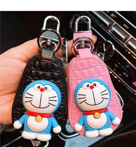 Cartoon Key Bag Genuine Leather Waist Hanging Black Smiling Ding cat