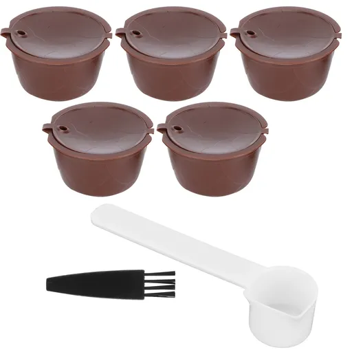 Coffee Capsules Reusable Refillable Coffee Cup Filter Kit Fit for DOLCE GUSTO Machine(Coffee 5 Capsules1 Spoon 1 Brush)