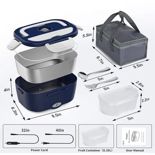 Blue Electric Lunch Box 1.5L - Portable Food Heater with 12V Car and 240V Home Plug, Stainless Steel Container and Leak Proof Lid - Heated Lunchbox for Office, Truck Drivers, Camping and Travel