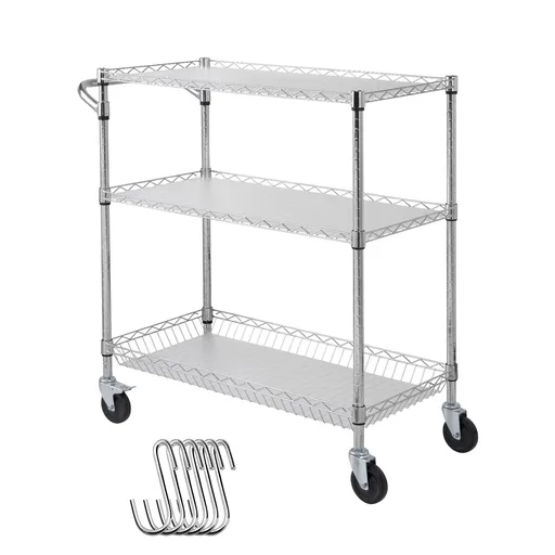 Kitchen Utility Cart, 3 Tiers, Wire Rolling Cart, Steel Service Cart on Wheels, Metal Storage Trolley with 80mm Basket Curved Handle PP Liner 6 Hooks, for Indoor and Outdoor