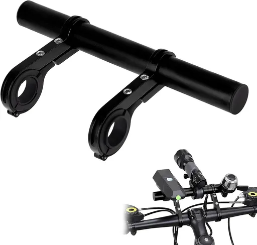 Bike Handlebar Extender, 8" Handlebar Extension with Two Mounting Clamp Brackets, Multifunctional Aluminum Alloy Bicycle Handlebar Extender for Headlight Speedometer Phone Mount (Black)