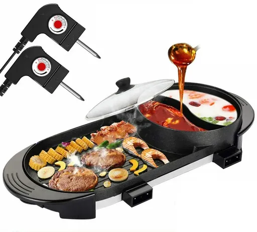 Electric 2 in 1 Black BBQ Grill and Hot Pot with Non-Stick Surface, 1360W, 69x26x11.5cm