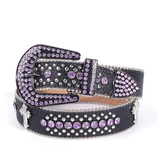 Y2K Bling Rhinestone Belt for Women Glitter Cross Studded Waist Strap Croc Texture Adjustable 135cm Dress Belt-Black-Purple