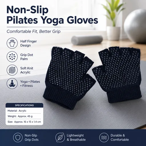 Black Half Finger Yoga Gloves - Acrylic Knit with Non-Slip Silicone Dots, Breathable & Stretchy for Pilates, Gym, and Fitness Training