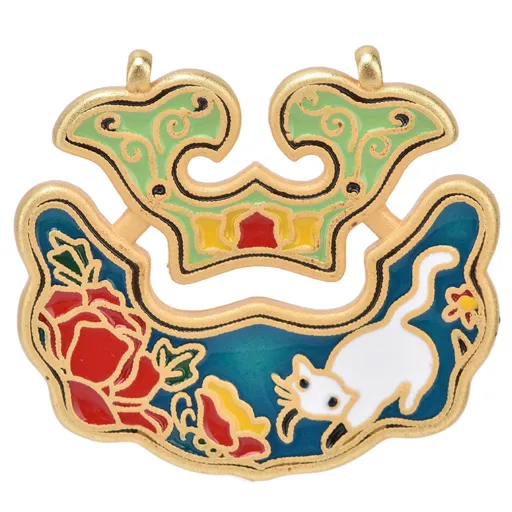 Chinese Retro Peace Lock Pendant Unique Charm Enamel Porcelain Lock Pendant Men Women Silver Jewelry for GiftWhite Cat Lock