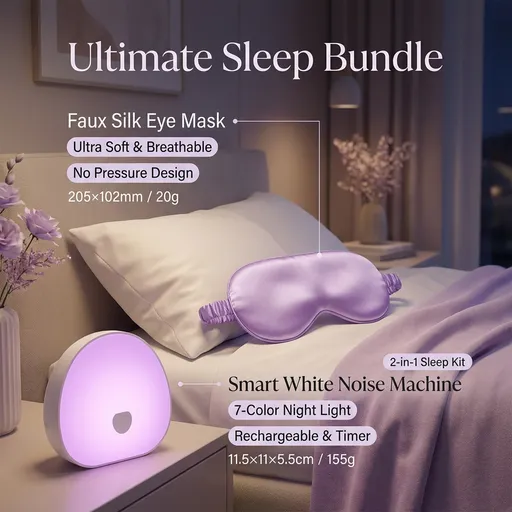 Nighttime Anxiety Relief & Relaxation Set - Purple Imitation Silk Sleep Eye Mask and Smart White Noise Night Light for Soothing Sleep, Nursing, and Stress Reduction