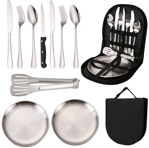 10 Pieces Stainless Steel Camping Cutlery Set with Forks, Spoons, Knives, Plates, Clip and Storage Bag for Outdoor Travel, Hiking and Picnics