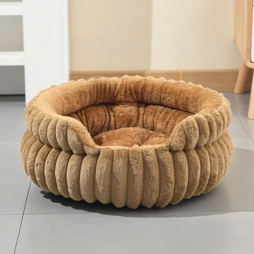 Coffee Plush Round Pet Bed with Gap Entry & Removable Cushion S Size - Thickened Warm Anti Slip Cats and Dogs Donut Nest for All Seasons, Cozy and Soft Sleeping Bed for Home Use, M Size 50*50*15CM