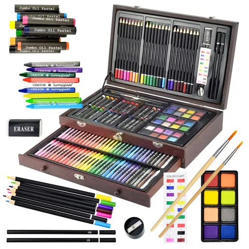 145 Piece Deluxe Art Set Wooden Art Box & Drawing Kit Blue Art Kit with Crayons, Oil Pastels, Colored Pencils, Watercolor Pans, Sketch Pencils, Brush, Sharpener, Eraser, Color Chart - Brown - Size 1Pack