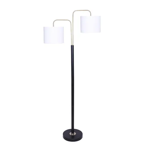 Sarantino Modern Black & Gold Task Floor Lamp with Adjustable White Linen Shade Standing Light for Living Room