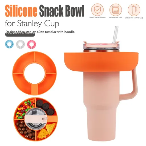 Food-Grade Silicone Snack Tray Ring for 40 oz Handled Tumbler, Multi-Compartment Organizer for Drinks and Snacks, Portable for Car Travel, Picnics, Camping, Beach and Home Use (Orange (Silicone))