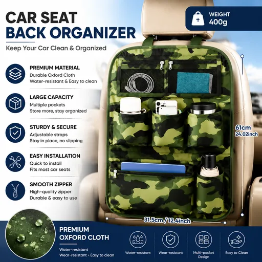 camouflage color Car Seat Back Organizer - 210D Oxford Cloth, Water-Resistant & Multi-Pocket Design - Space-Saving Storage for Cars, Camping & Home Use