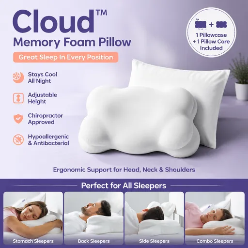 White Cloud Memory Foam Cervical Support Pillow Core and Cover (71 x 38 x 13CM) – Ergonomic Neck Orthopedic Contour Pillow for Side Back & Stomach Sleepers, Deep Sleeping and Pressure Relieving