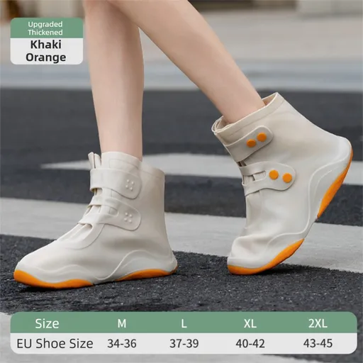 Thickened Waterproof Silicone Rain Shoe Covers with Adjustable Double Buckle Closure, Durable Non-Slip Reusable Overshoes for Men and Women Hiking Camping Daily Use, Khaki Orange Blocking, L Size (EU 37-39)