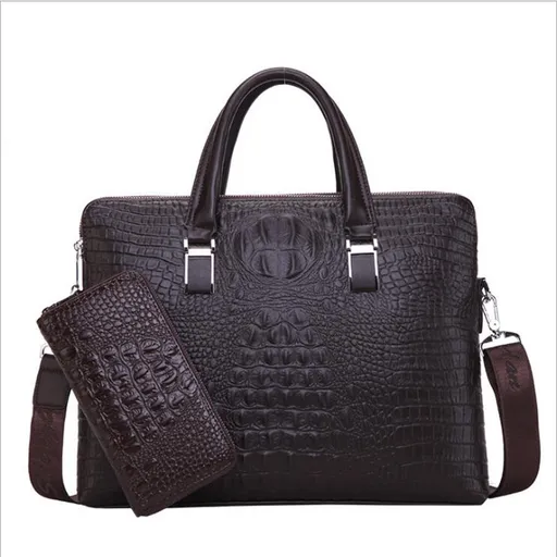 Brown Men's Luxury Crocodile Embossed PU Leather Briefcase(39 x 8 x 28 CM) With FREE Crocodile Wallet - Dual-Zip Business Shoulder/Crossbody Laptop Bag (Fits 14-inch)