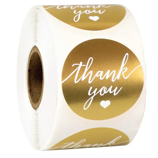 labels 500 Thank You Label Sticker 1.5" Round with Gold and White Heart, Thank You Sticker Gold for Birthdays, Weddings, Giveaways