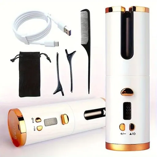 Automatic Hair Curler, Cordless Rechargeable Curling Iron with 6 Temp & Timer, Anti-Scald Portable Hair Curler for Travel(white )
