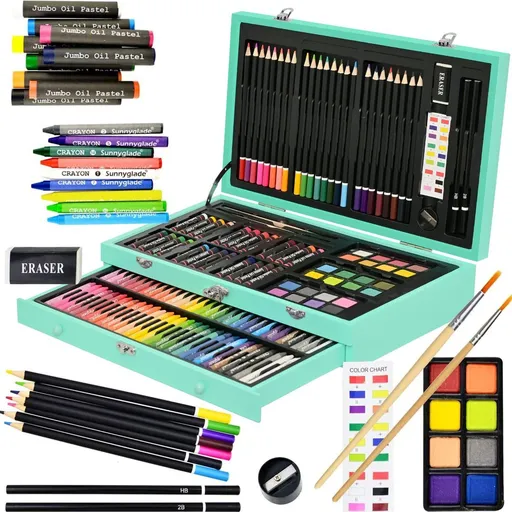 145 Piece Deluxe Art Set Wooden Art Box & Drawing Kit Blue Art Kit with Crayons, Oil Pastels, Colored Pencils, Watercolor Pans, Sketch Pencils, Brush, Sharpener, Eraser, Color Chart - Green - Size 1Pack