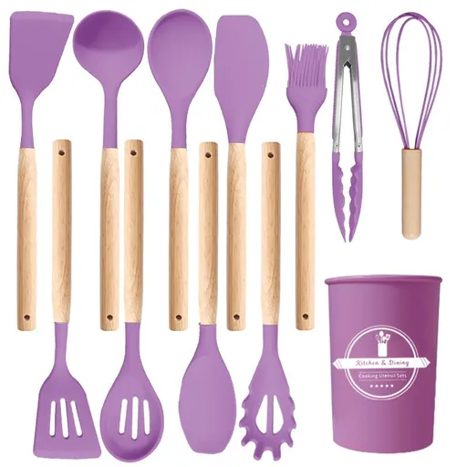12 Pcs Silicone Cooking Kitchen Utensils Set with Holder, Wooden Handles Cooking Tool, Turner Pliers Spatula Spoon Kitchen Gadget Suit for Non-Stick Cookware, Women's Gifts 13×4 in Purple