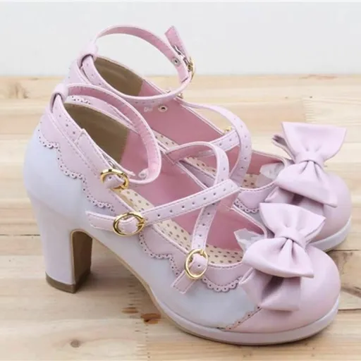 House Of Dasein Cute Lolita Buckle Heel Bow Cosplay Shoes - Black - 8.5 - Type 2