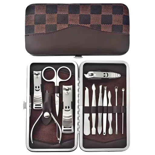 12-Piece Manicure Pedicure Kit, Professional Nail Clipper Grooming Set, Brown Checkered Case