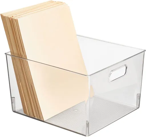 Large Plastic Office Storage Organizer Container Bin with Handles - Basket for Cabinet, Cupboard, Desk, Closet and Shelf Organization - Holds Notebook, Books, Files, Ligne Collection - Clear