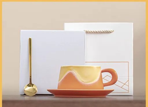 Artistic Ceramic Coffee Cup & Saucer Set with Spoon - Gradient Glaze, 240ml, Gift Boxed(Orange)