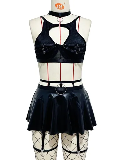 House Of Dasein Lace Sexy Lingerie Set Bra Solid Color Leather Skirt With Fishnet Stockings Women's - Black - L