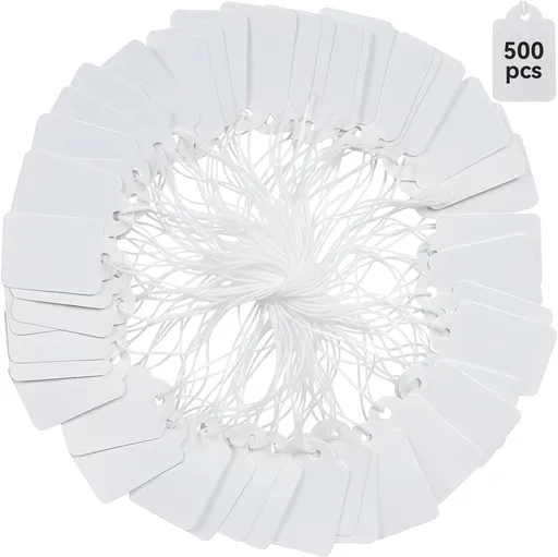 Price Tags with String Attached, 500pcs White Smooth Surface Marking Merchandise Strung Tag Writable Label Small Hang Tag for Pricing Gift Jewelry Clothing 1.375 x 0.875 inch
