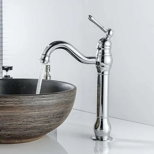 Retro Swivel Basin Mixer Tap, 360 Degree Rotating, Single Lever, High Spout, Hot and Cold Water, Chrome