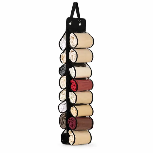 Black 16-compartment Hanging Clothes Organiser - Double Sided Transparent Wardrobe Storage Bag with Metal Hooks - Space Saving Closet Hanger for Yoga Pants, Leggings, Scarves and Accessories
