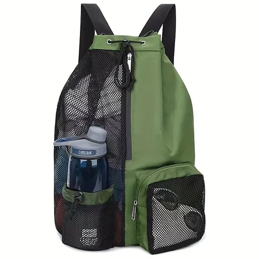 Mesh Drawstring Swim Bag - Large Capacity 20-35L Beach Backpack with Wet Pocket - Breathable Sports Sack for Gym Swimming Travel - Green