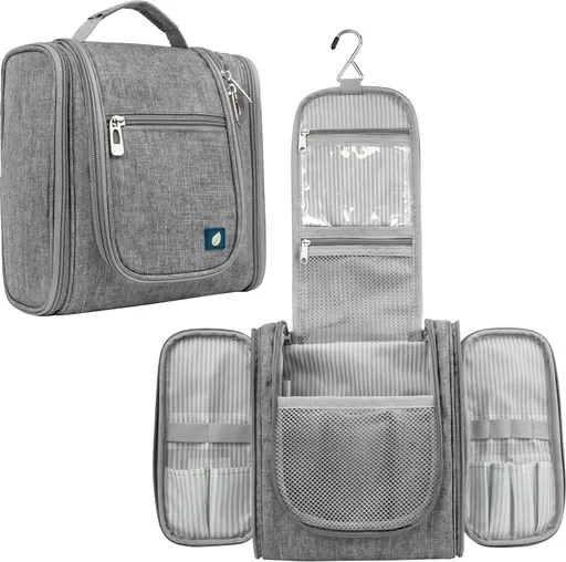 Toiletry Bag with Hook - For Women and Men - Hanging Toilet Travel Bag with Hook - Hanging - Travel & Camping Suitcase Accessories - Toiletry Bag for Women & Men - Makeup Bag with Mesh, Waterproof Pockets - Grey