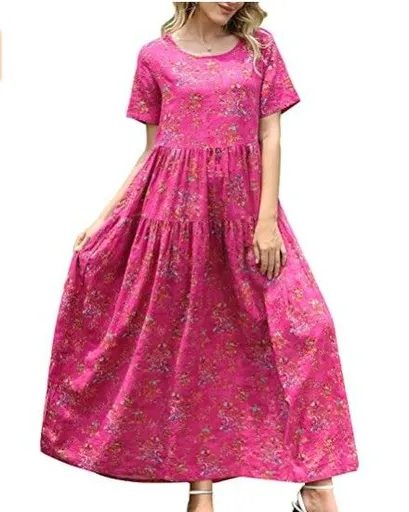 Women Floral Long Dress Short Sleeve Polyester Picture Color 2 Size: L; Height (cm): 165-170; Weight (kg): 55-60; Bust (cm): 90-94; Waist (cm): 74-78; Shoulder width (cm): 39; Length (cm): 62