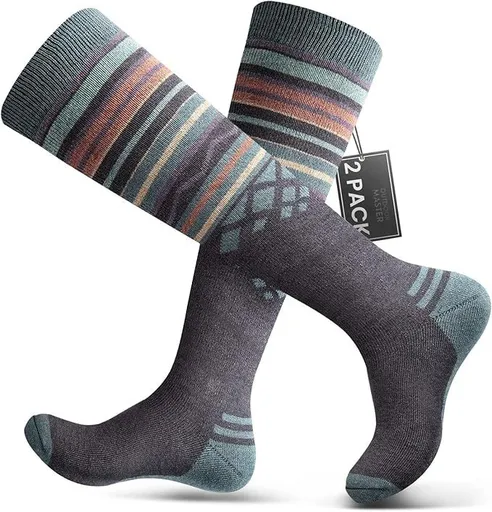 OutdoorMaster Ski Socks 2-Pack Merino Wool, Over The Calf Non-Slip Cuff for Men & Women-Gray,Medium