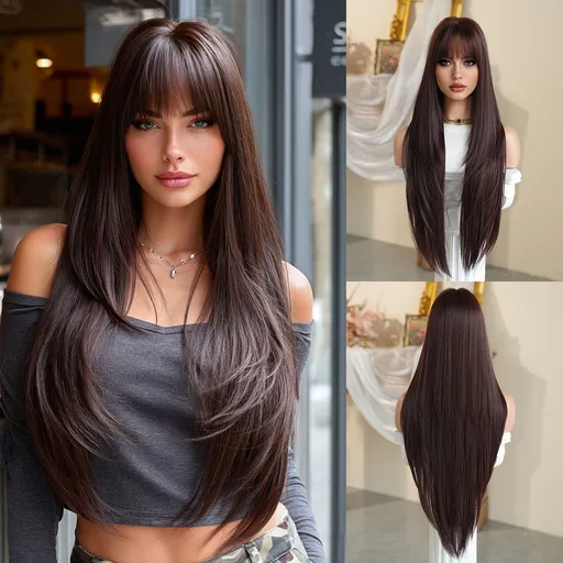 High-Density Synthetic Wig Heat-Resistant Wig Tea-Colored Wig Long Straight Wig - raspberry wine red - Size 85cm-33inch
