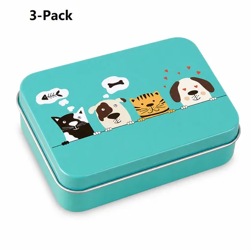3-Pack Kitten and puppy patterns Portable Metal Storage Box for Cotton Swabs and Coins – Compact and Portable (95x70mm), Durable Storage Accessory