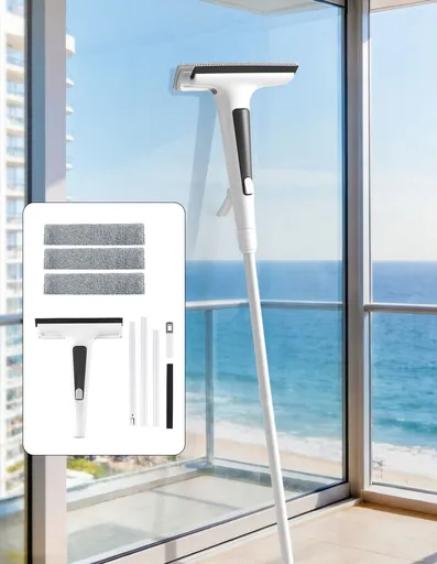 Giantz Window Cleaner Mirror Car, Spray Scrub Squeegee 136cm Extendable Long Handle with Water Tank 3 Microfiber Pads, Glass Scrubber for High Windows Home Car Mirror, White