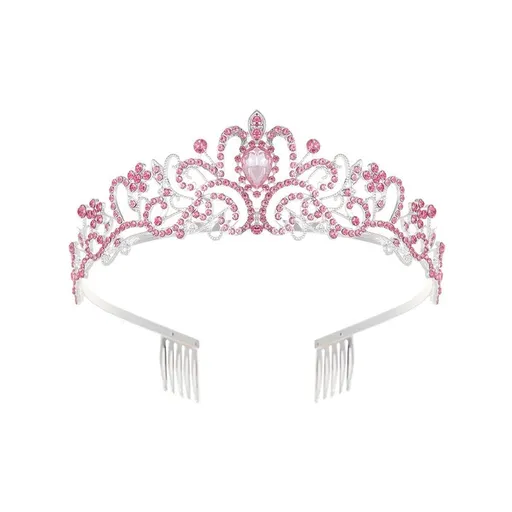 Princess Rhinestone Queen Hair Tiara Headband Hair Accessories Crystal Crown - Silver-Pink