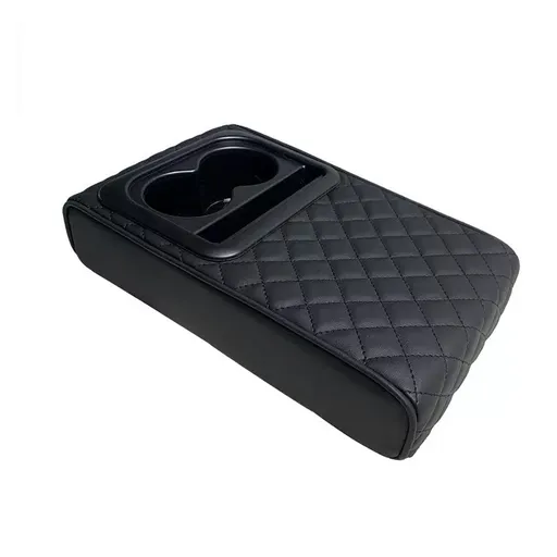 Black Auto Center Console Armrest Riser Pad with Dual Cup Holders - PU Leather