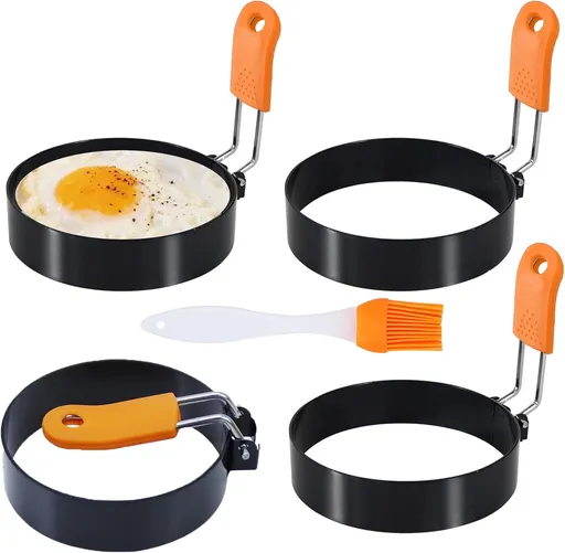 3.5" Egg Rings Set of 4 with Silicone Handle, Large Ring for Frying Eggs, Round Mold for English Muffins - Griddle Cooking Shaper for Indoor Camping Breakfast Sandwiches w/Silicone Oil Brh