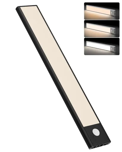 60cm black LED strip, wireless magnetic under-cabinet lighting, USB rechargeable, suitable for wardrobes, kitchens, and hallways.