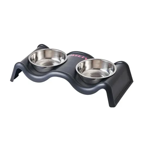 Pet Bowls Stainless Steel Double Bowl Wavy Cat Dog Feeding Dish Nonslip Base - Black