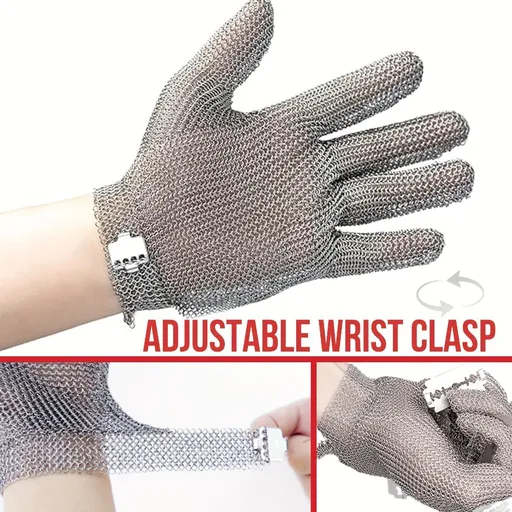 cut-resistant glove, stainless steel chainmail glove, industrial hand protection, adjustable safety glove, meat cutting glove, glass handling glove, Australia work wear, PPE hand safety - Silver - Size L-24CM