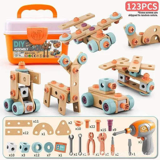 DIY assembly toy, wooden building set, electric drill toy for kids, educational construction toy, creative puzzle set, children's tool kit, Australian toy, hand-eye coordination toy - Multi - Size 123pcs