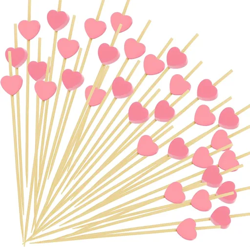 Pink Heart Cocktail Picks, Valentines Galentines Day Decorations Toothpicks for Appetizers, 4.7 IN Long Fancy Bamboo Food Skewers Wooden Charcuterie Sticks for Drinks Party Supplies Wedding Decor 100