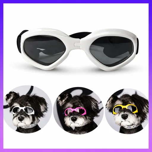 Foldable Pet Sunglasses for Small Dogs and Cats with UV Protection and Windproof Lens, Adjustable Elastic Strap Eye Wear for Car Rides, Outdoor Walks, Bike Rides and Photo Shoots (White)