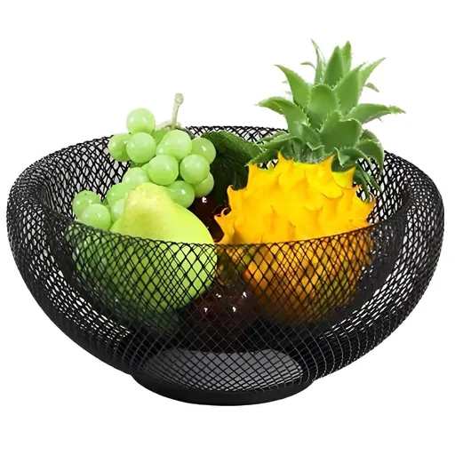 Metal Mesh Fruit Basket Countertop Candy Dish Black Round Decorative Small Fruit Bowl for Kitchen Counter